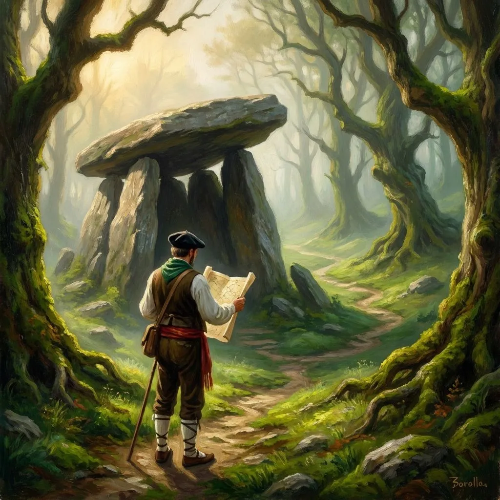 Viajero explorando un dolmen vasco