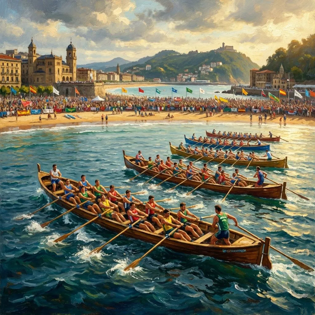 Regata de traineras en la bahía de La Concha