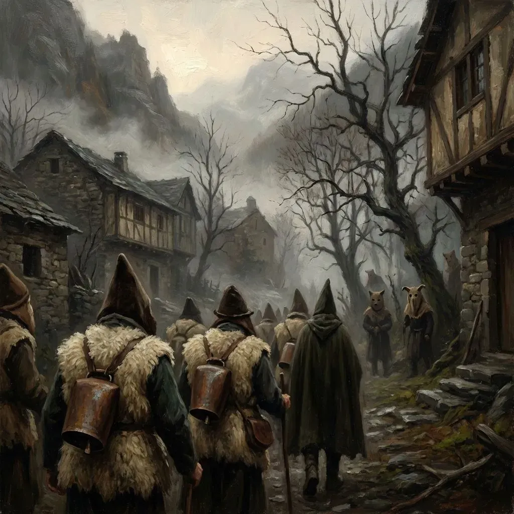 Joaldunak parcourant un village navarrais