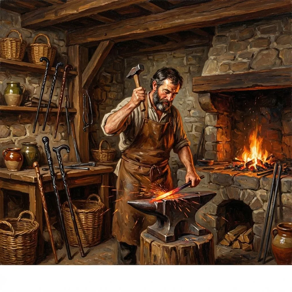 Herrero forjando una makila en su taller