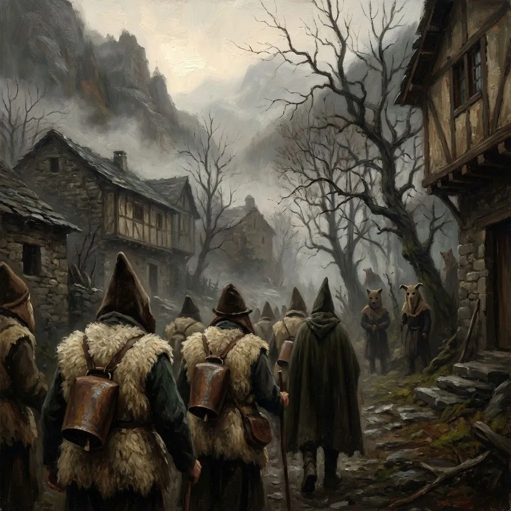 Joaldunak recorriendo un pueblo navarro