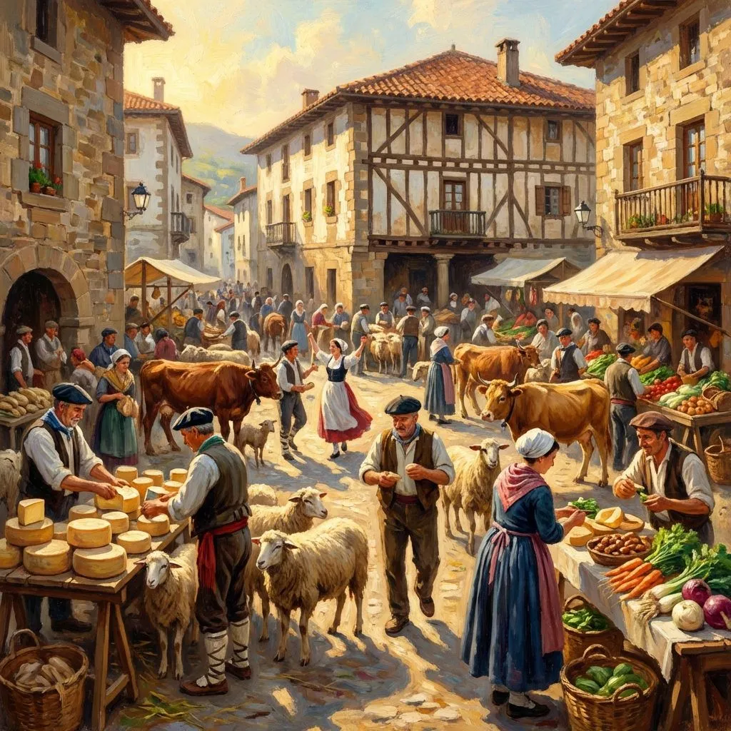 Mercado tradicional vasco con ganado y productos locales