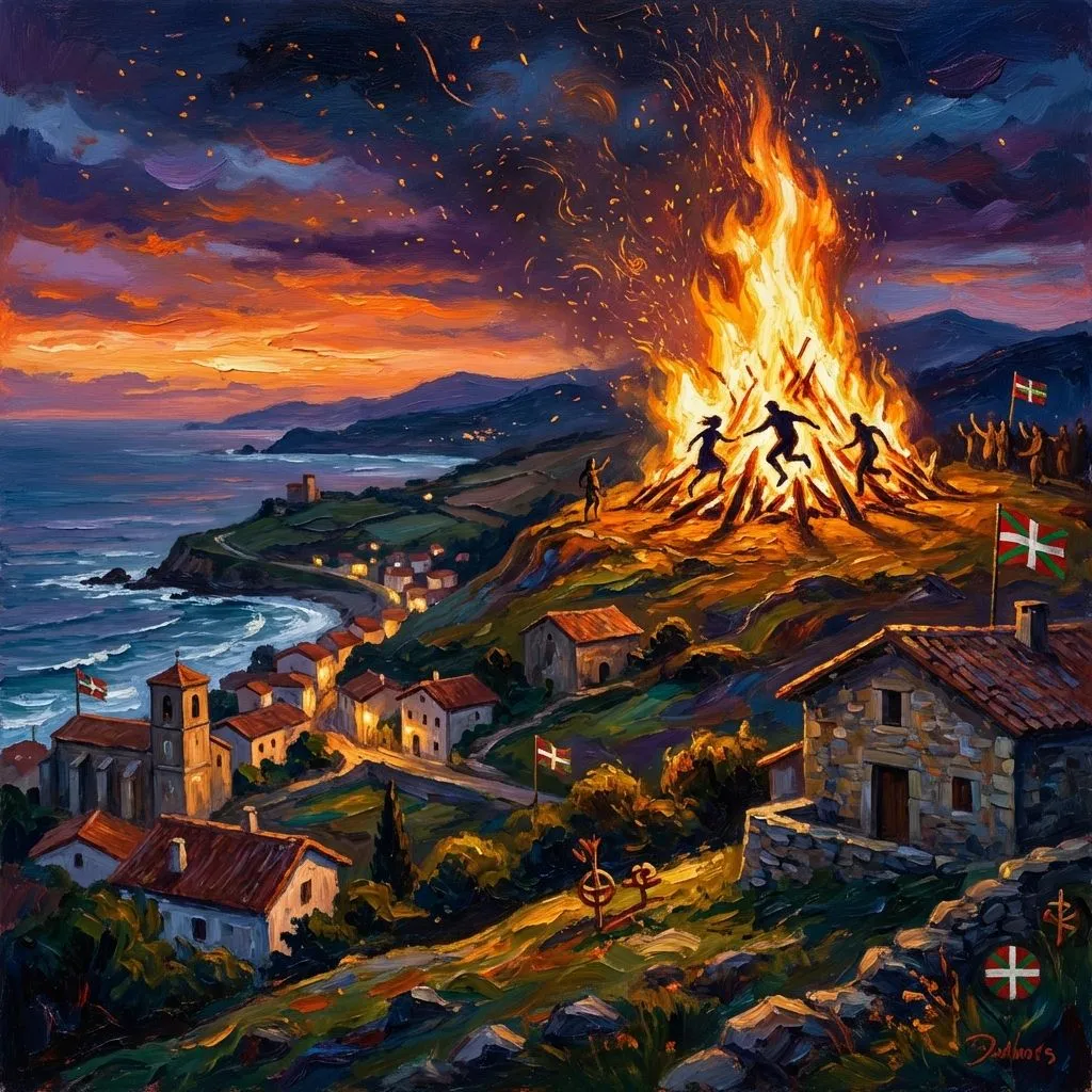 Hoguera de San Juan en un pueblo costero vasco