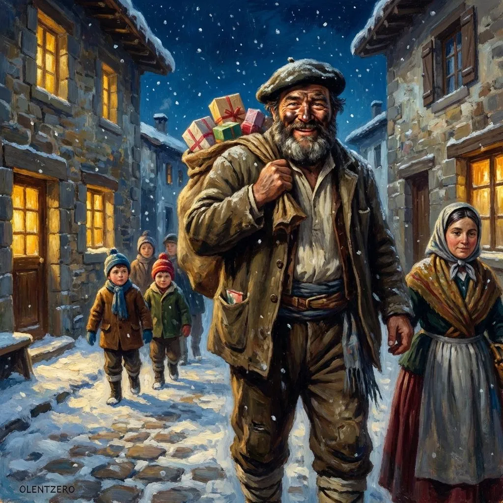 Olentzero recorriendo un pueblo nevado