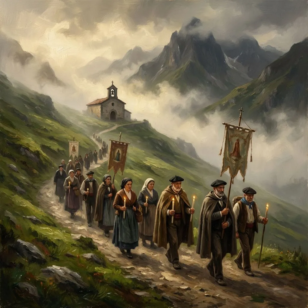 Peregrinos ascendiendo a un santuario de montaña